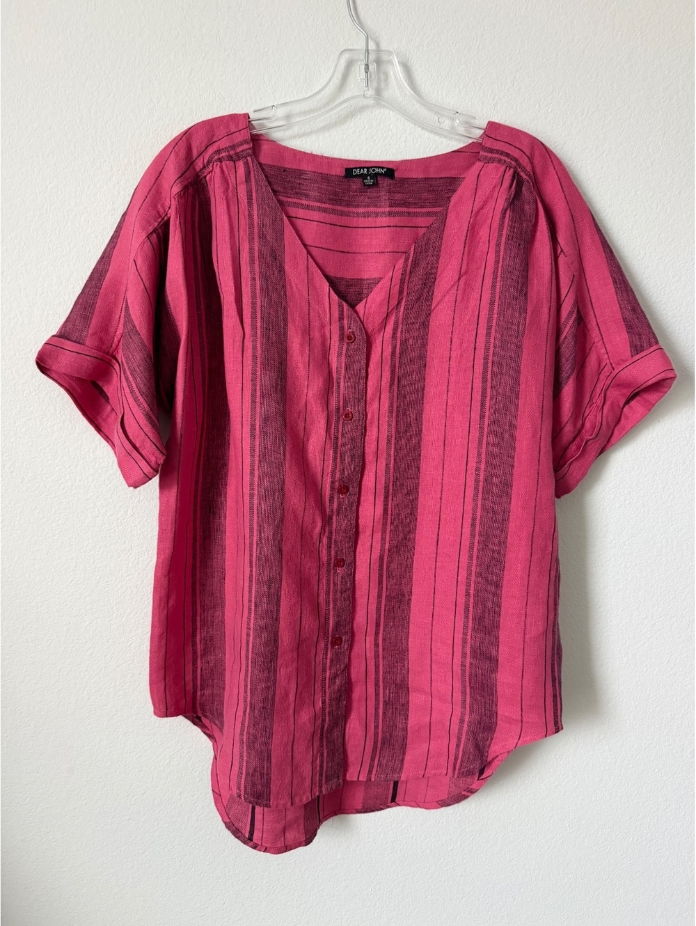 Dear John 100%Linen Short Sleeve Button Front Striped Tunic Shirt Women's Size S